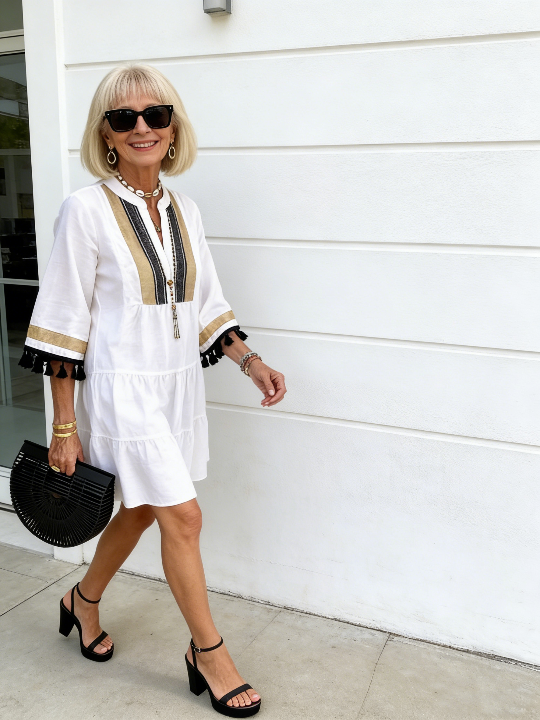 Temperament Printed Fringed V-neck Short Dress