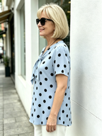 Yellow Polka Dot Chiffon Blouse, V Neck Front Tie Short Sleeve Loose Tummy Concealing Shirt for Mature Women