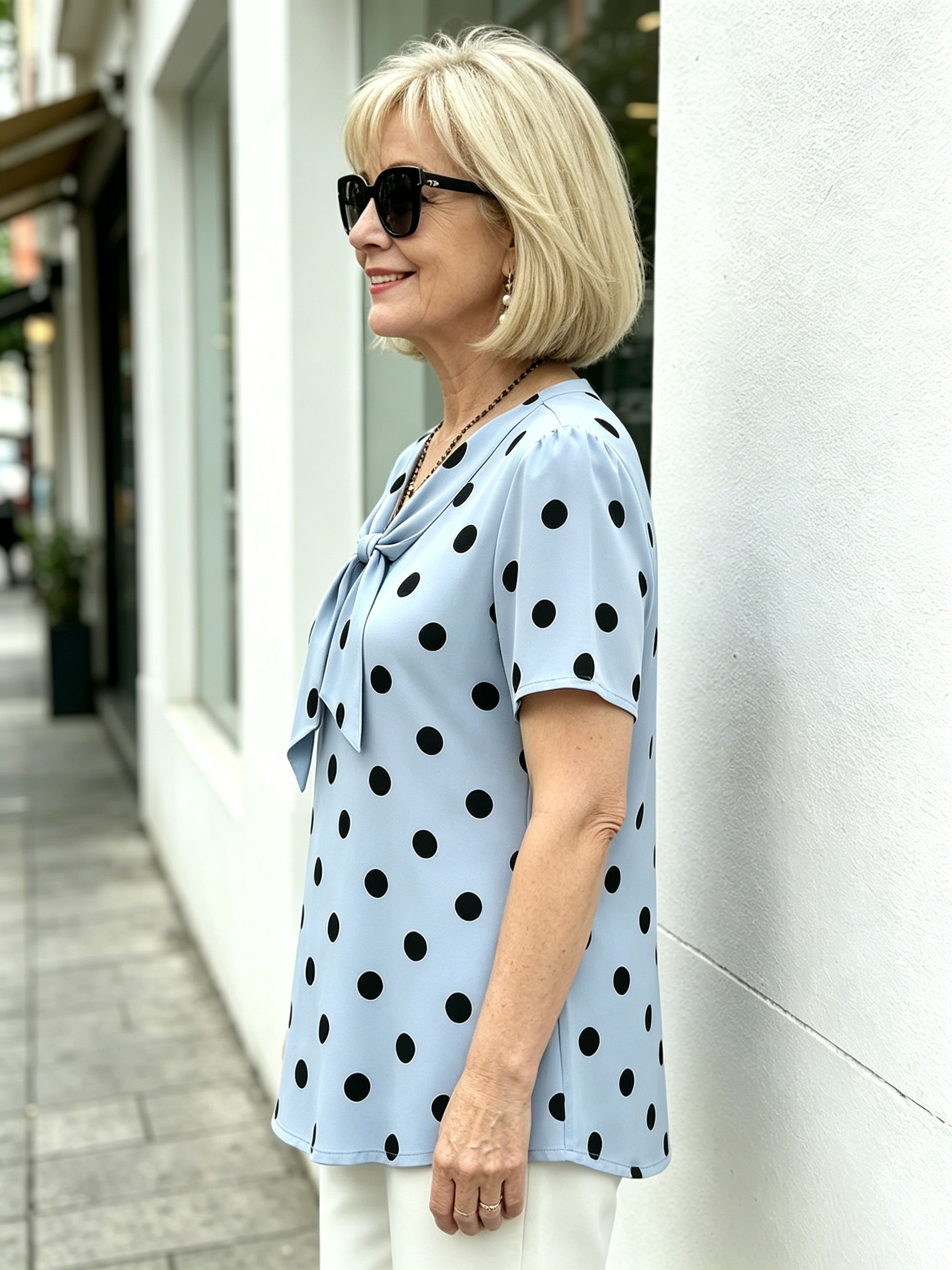 Yellow Polka Dot Chiffon Blouse, V Neck Front Tie Short Sleeve Loose Tummy Concealing Shirt for Mature Women