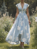 (SIZE:XS-XXL)Linen Maxi Dress, Sleeveless, V neck, Floral, Vintage, Light Blue