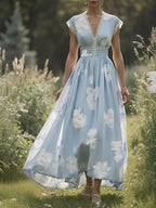 (SIZE:XS-XXL)Linen Maxi Dress, Sleeveless, V neck, Floral, Vintage, Light Blue