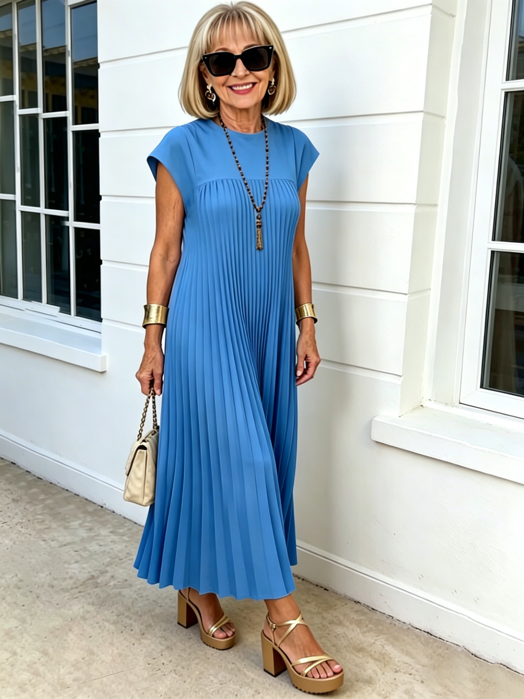 Elastic Dress Women's Elegant Fashion Crew Neck Sleeveless Pleated Long Dress