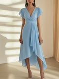 Charming Light Blue Chiffon Dress with Ruched Waist