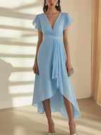Charming Light Blue Chiffon Dress with Ruched Waist