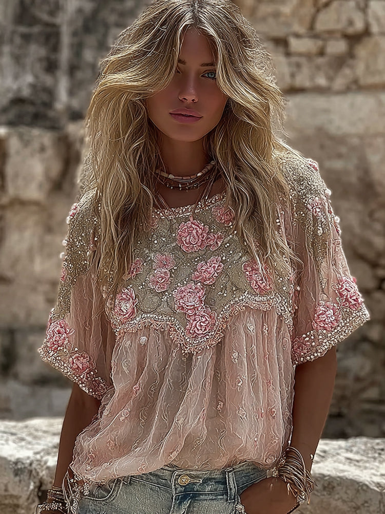 Women's Pink Roses Embroidery Art Round Neck Short Sleeve T-shirt
