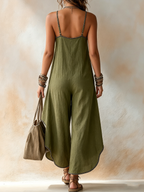 Olive Green Linen-Blend Contrast Stitch Wide-Leg Harem Jumpsuit
