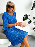 Lavender Chiffon Vacation Prints Color Round Neck Cake Skirt Splicing Dress Mid-length