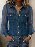 Women's Casual Loose-Fit Long-Sleeve Shirt with Denim Collar and Chiffon Splicing