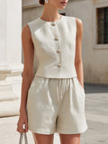 Tailored Vest & Drawstring Shorts Linen-Blend Two-Piece Set