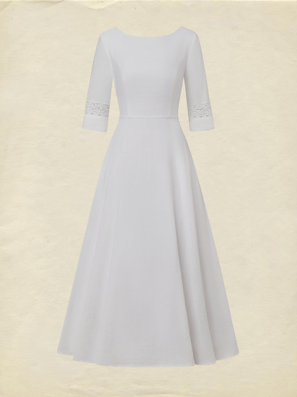 Midi Cotton Dress, Half Sleeve, Round Neck, Plain, Lace, Vacation, Vintage, White