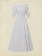 Midi Cotton Dress, Half Sleeve, Round Neck, Plain, Lace, Vacation, Vintage, White