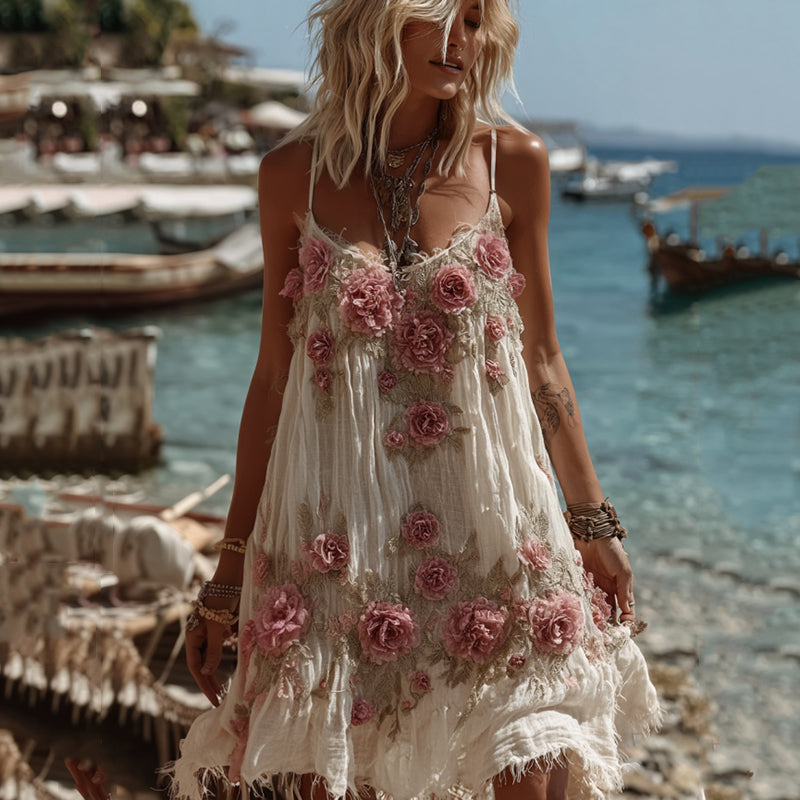 Women's Vintage Floral Embroidery Art Comfy Linen Mini Dress