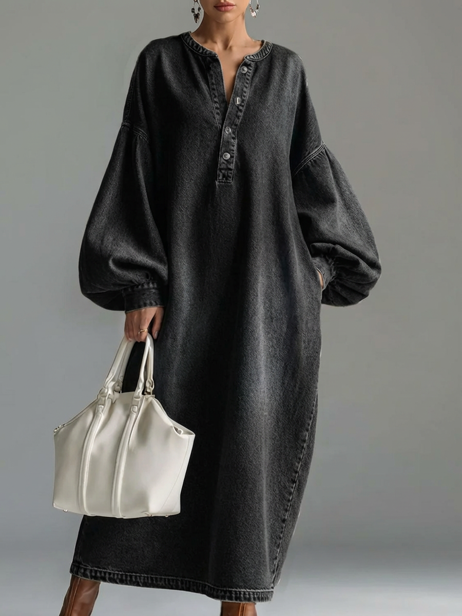 Elegant Urban-style Blue Denim Button-down Maxi Dress