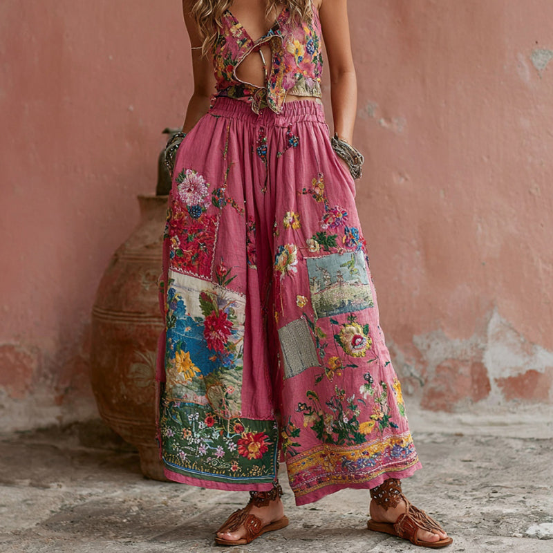 Women's Vintage Bohemian Floral Embroidery Print Linen Blend Pants