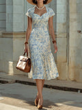 Midi Linen Dress, Short Sleeves, Sweetheart Neck, Floral, Ruffles, Vintage, Blue
