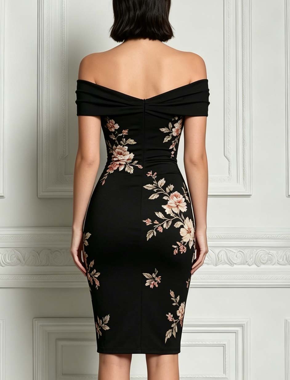 Black Floral Off-Shoulder Bodycon Midi Dress