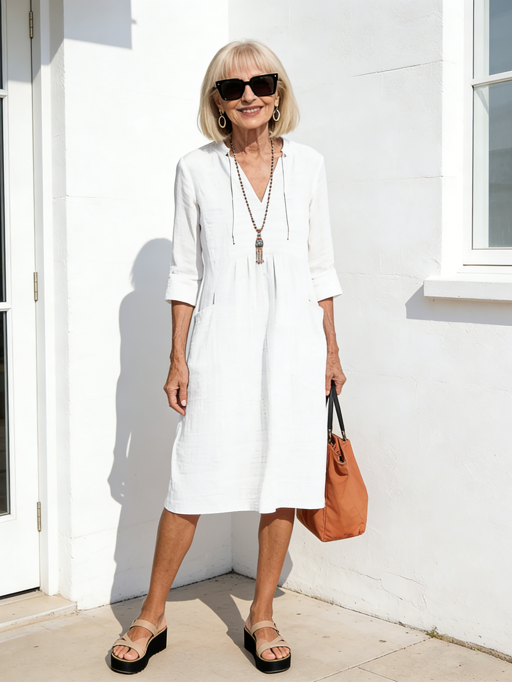 Textured Fabric Jacquard Cotton and Linen Dress Explosive V-Neck Casual Loose Pocket Elegant