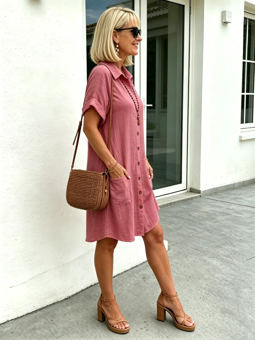 Solid Color Shirt Dress Simple, Made of Breathable, Featuring a Lapel Collar and Orderly Button Arrangement That Adds a Vintage Charm