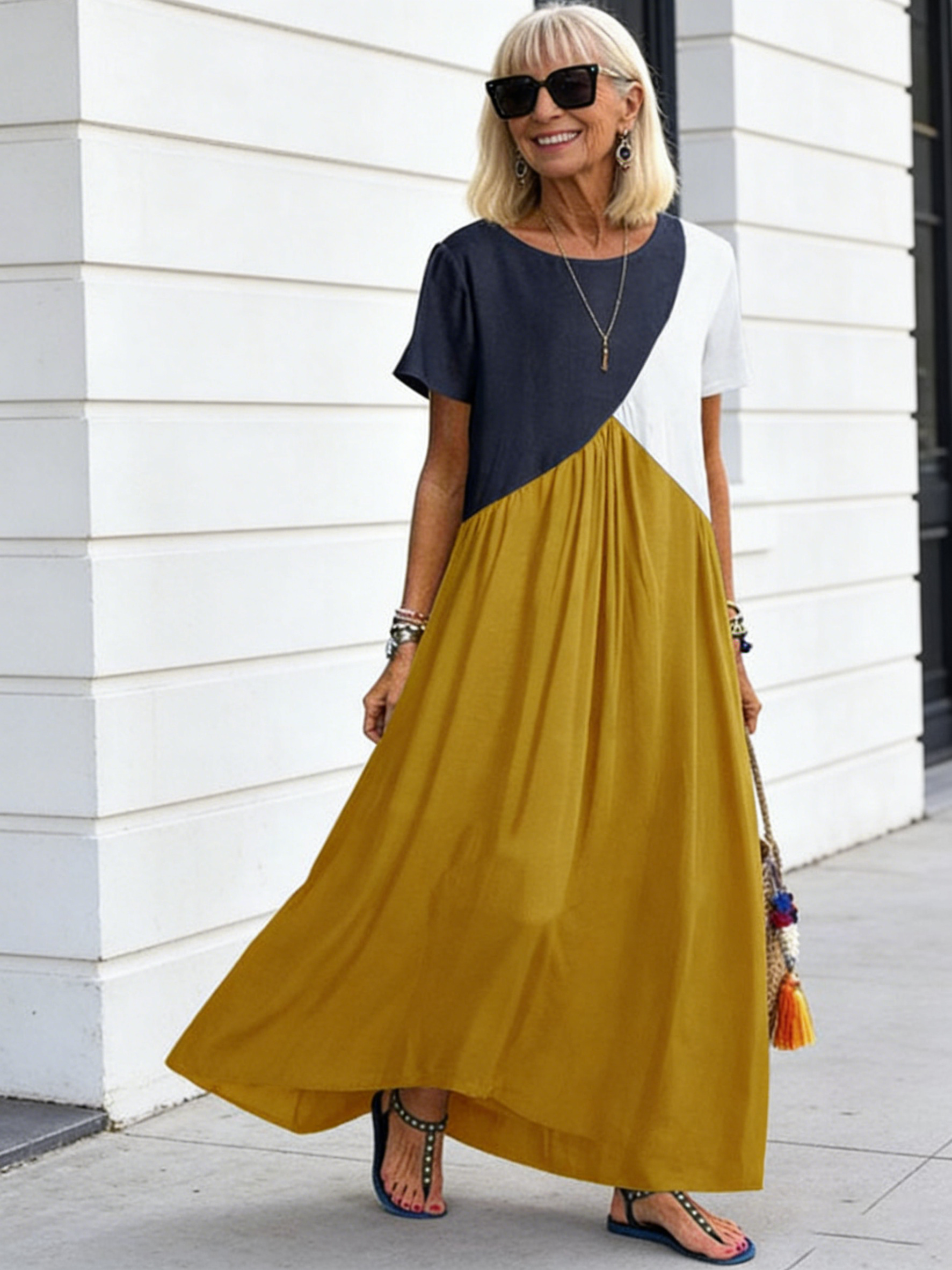 Splicing Short Sleeve Dress Long Dress