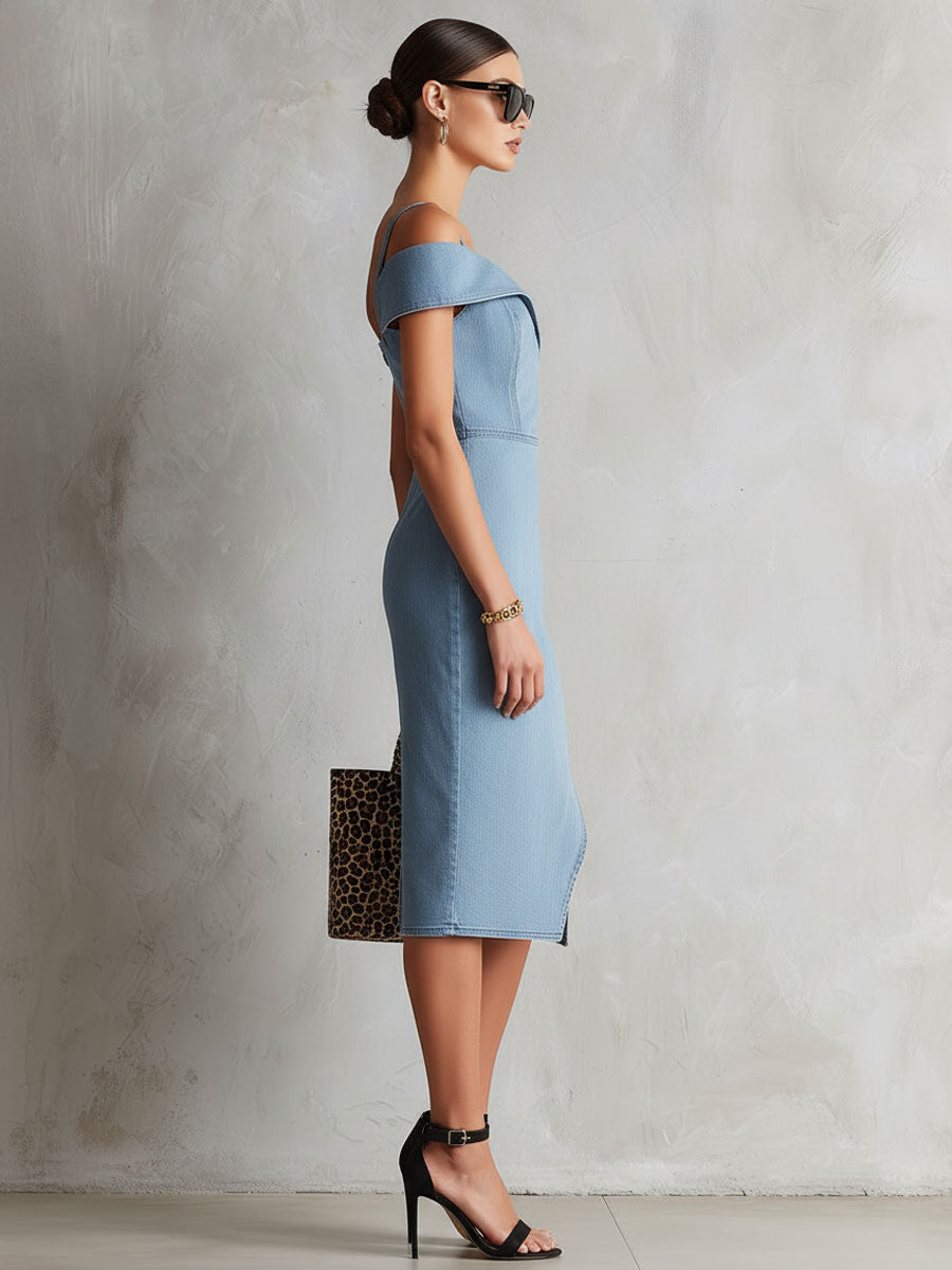 Fashionable Retro Sleeveless Off-shoulder Slit Light Blue Denim Midi Dress