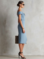 Fashionable Retro Sleeveless Off-shoulder Slit Light Blue Denim Midi Dress