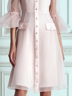 Blush Pink Sheer Flared 3/4‐Sleeve A‐Line Midi Dress