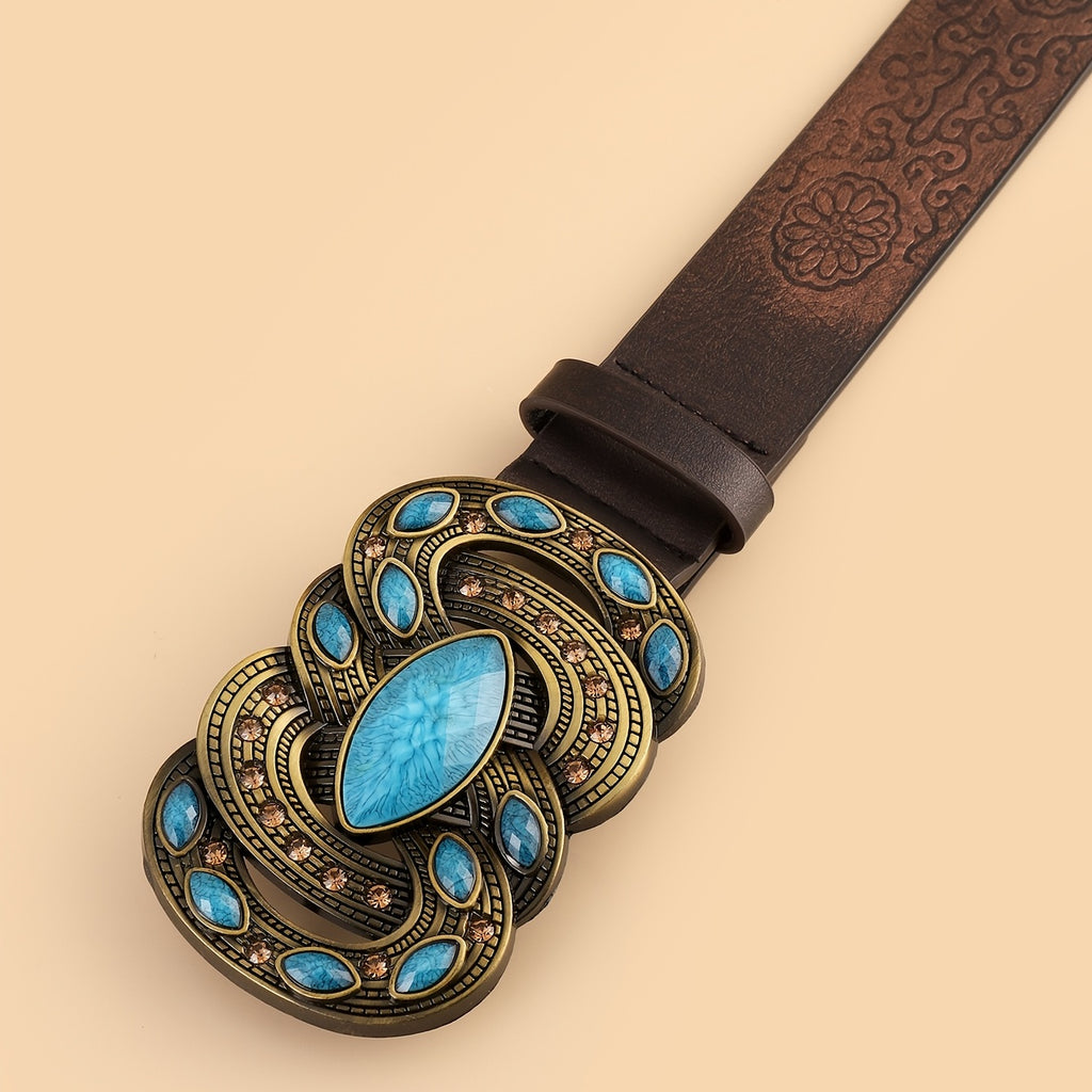 Vintage Print Belt Imitation Turquoise Belt Vintage Waist Belt Western Style Cowboy PU Leather Belt For Jeans Pants Dress Waist Belt