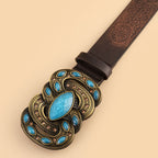 Vintage Print Belt Imitation Turquoise Belt Vintage Waist Belt Western Style Cowboy PU Leather Belt For Jeans Pants Dress Waist Belt
