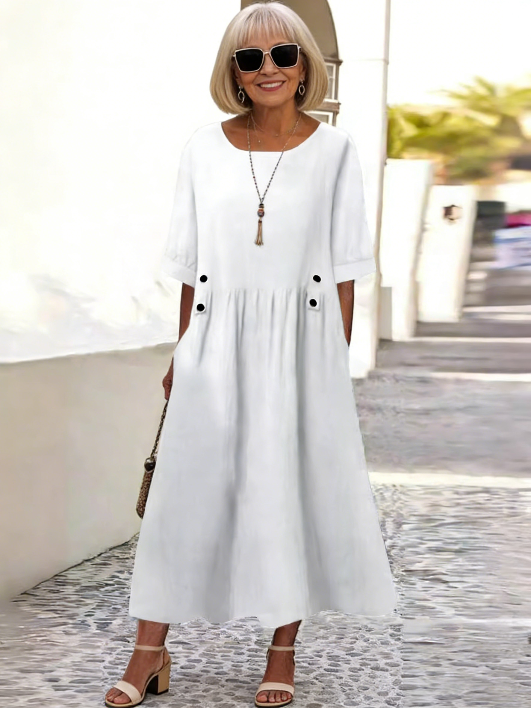 Summer Short-sleeved Cotton and Linen Dress Hot-selling Round Neck Loose Medium and Long Large Size Skirt