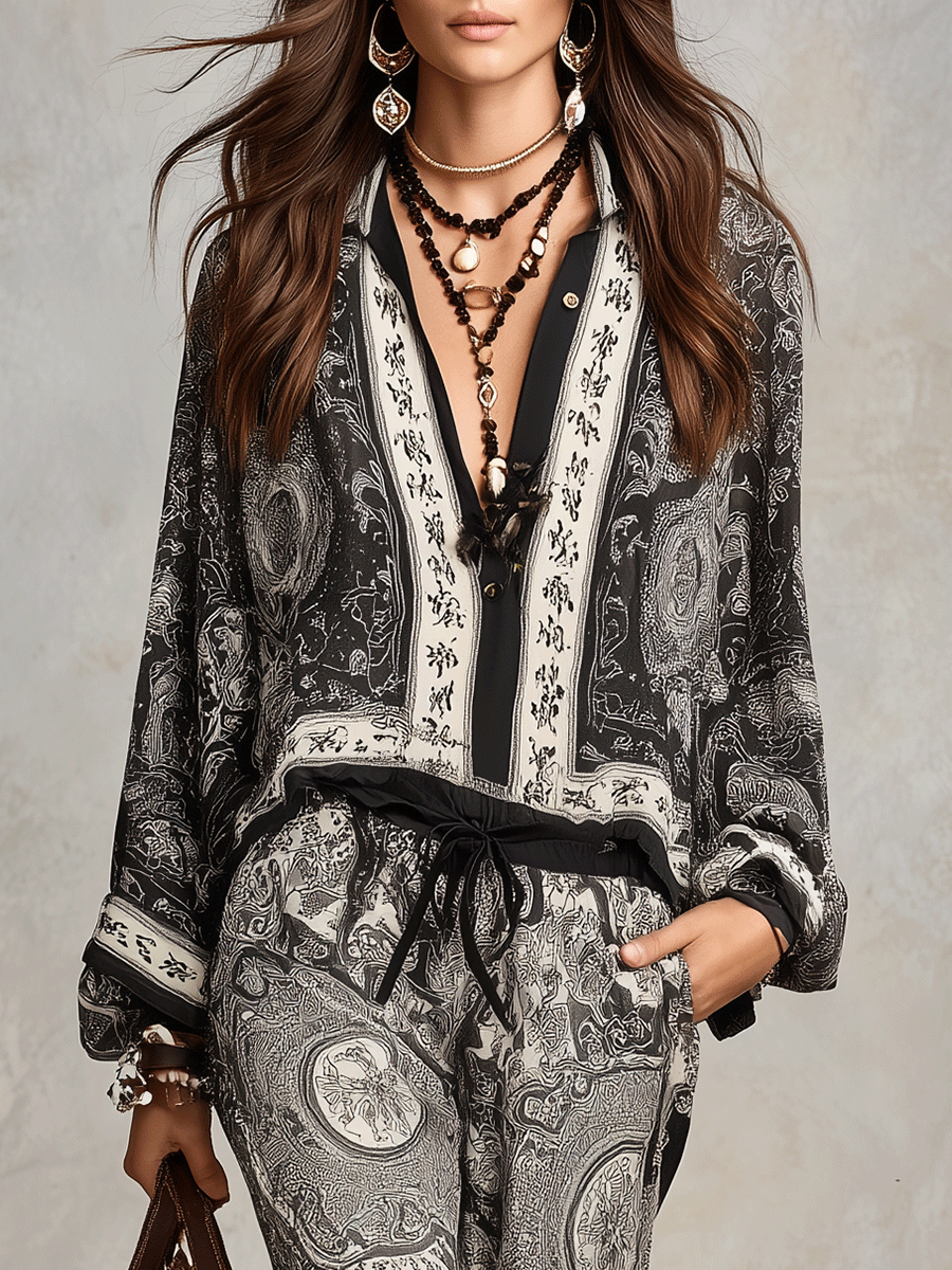 Bohemian Paisley Print Shirt & Wide-Leg Pants Set