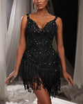 Black Crystal Embellished Rhinestone Sequined Mini Dress