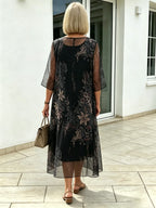 Black Floral Chiffon Midi Dress, Loose Tummy Hiding 3/4 Sleeve Printed Dress for Mature Women