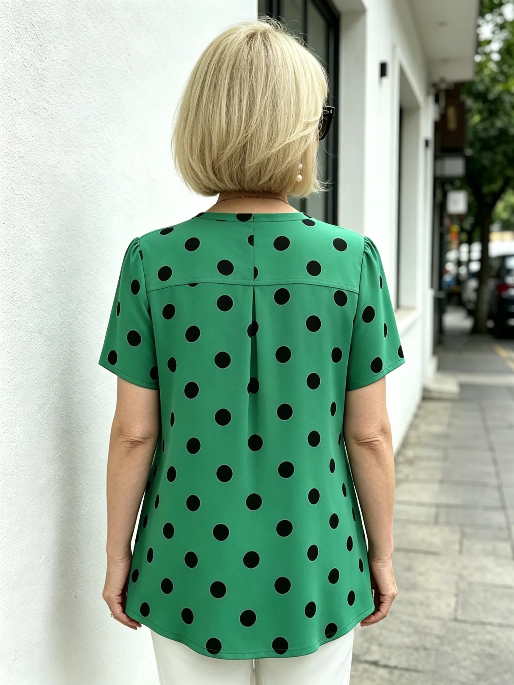 Yellow Polka Dot Chiffon Blouse, V Neck Front Tie Short Sleeve Loose Tummy Concealing Shirt for Mature Women