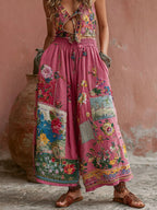 Women's Vintage Bohemian Floral Embroidery Print Linen Blend Pants