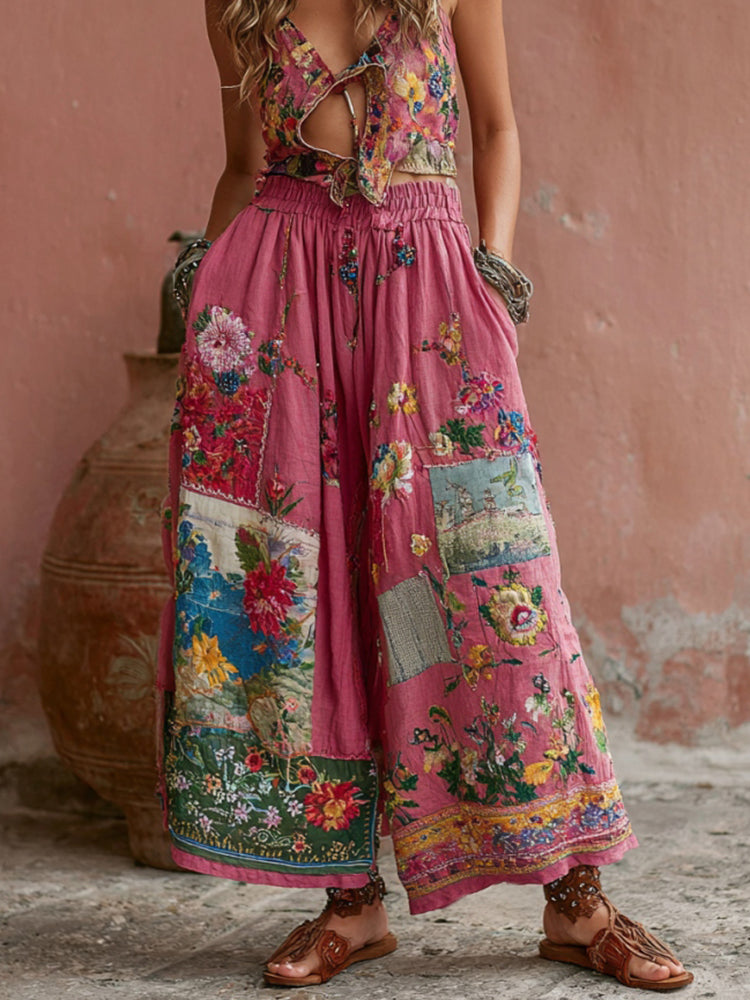 Women's Vintage Bohemian Floral Embroidery Print Linen Blend Pants