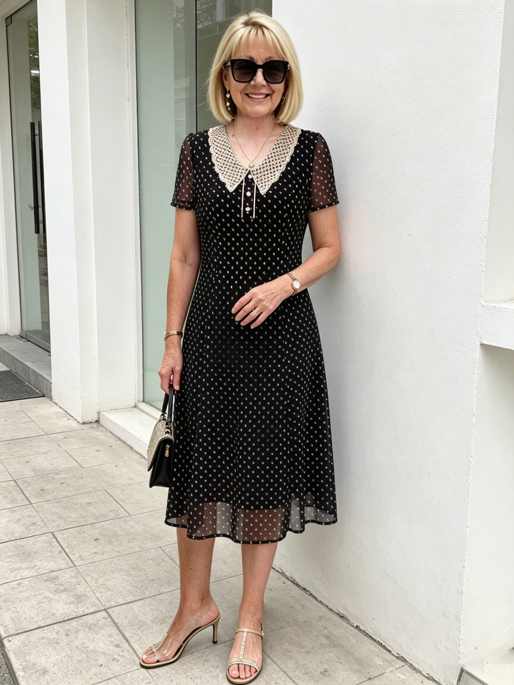 Black Polka Dot Mesh Midi Dress, Lace Peter Pan Collar Short Sleeve Elastic Waist Tummy Concealing Slimming Temperament Dress for Mature Women
