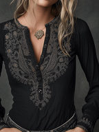 Bohemian Black Embroidered Long-Sleeved Top
