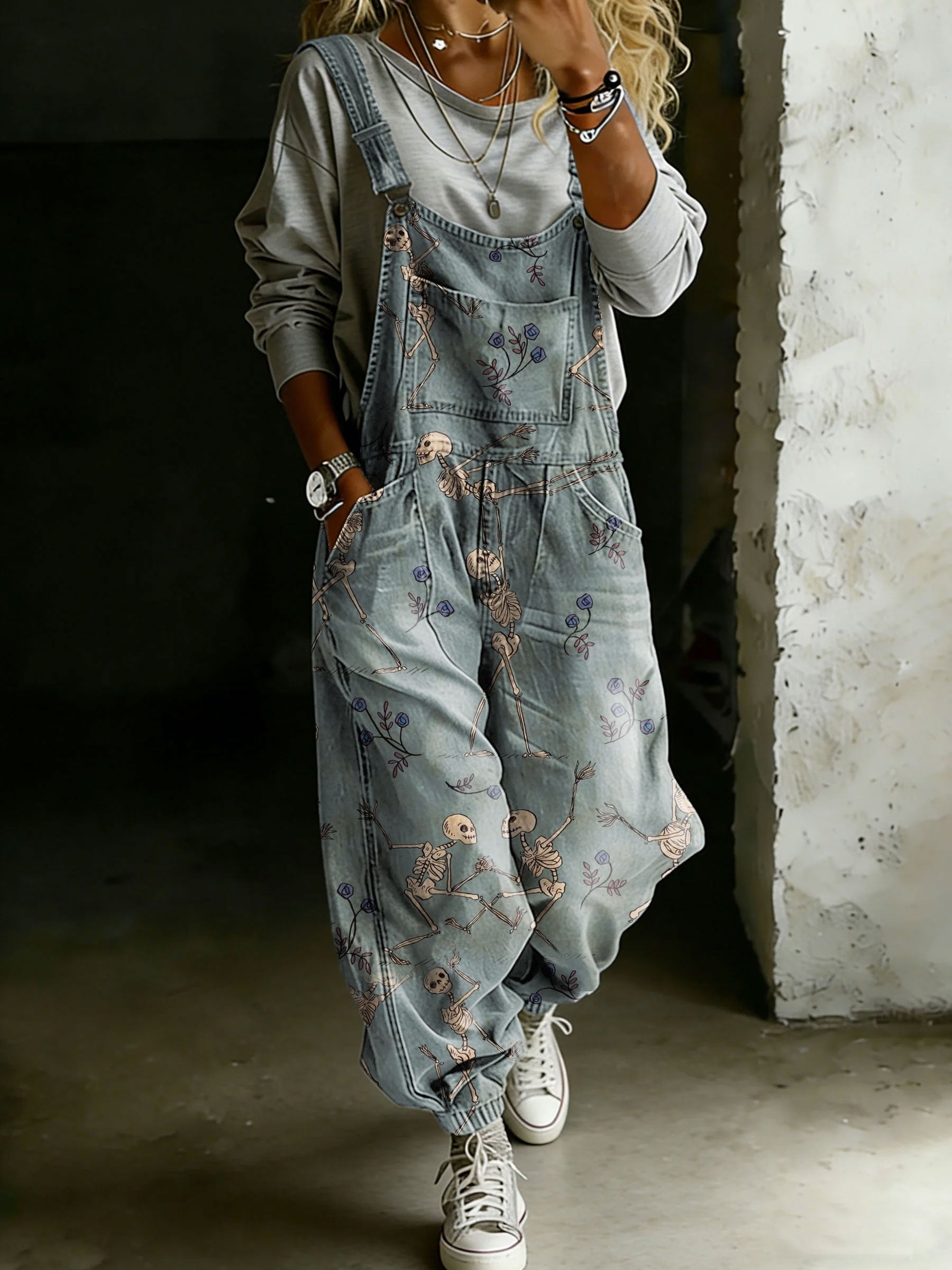 Women’s Skull Yoga Print Casual One Piece Denim Jumpsuit