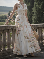 Maxi Linen Dress, Shawl Collar, Button Down, Cottagecore, Sleeveless, Linen Blend, White, plant print