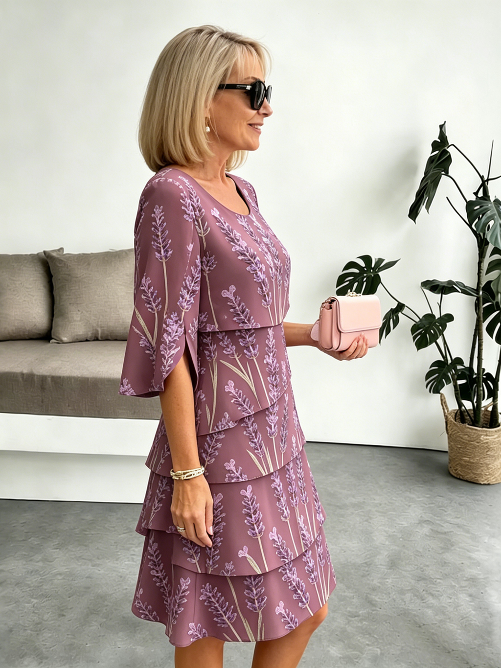 Lavender Chiffon Vacation Prints Color Round Neck Cake Skirt Splicing Dress Mid-length