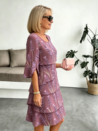 Lavender Chiffon Vacation Prints Color Round Neck Cake Skirt Splicing Dress Mid-length