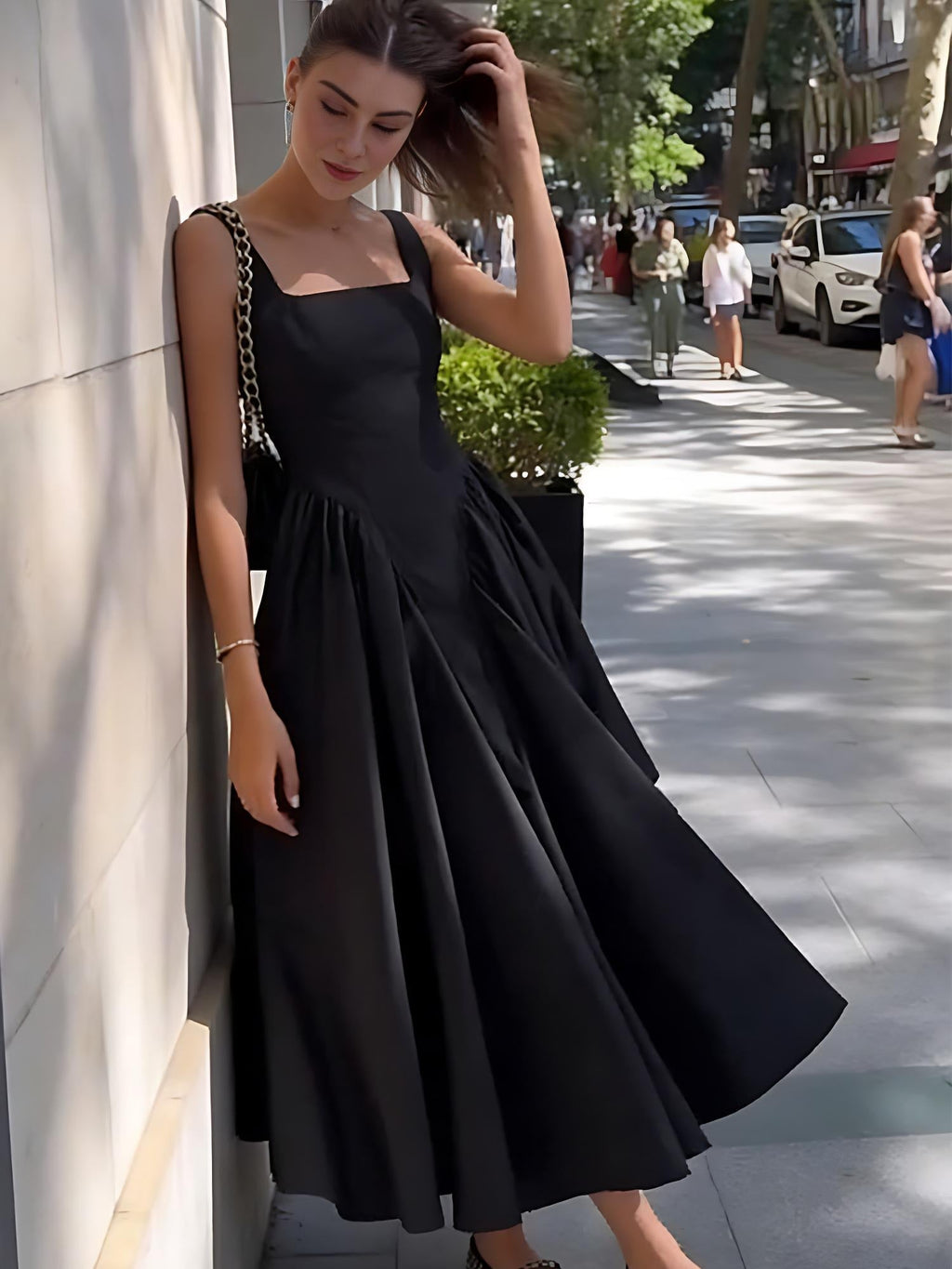Black Square Neck Back Bow Midi Dress
