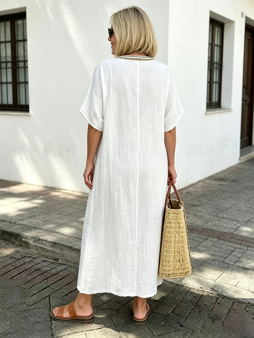 Cotton and Linen Embroidered Split Dress