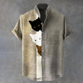 Vintage Funny Black Cat Art Print Casual Cotton Shirt