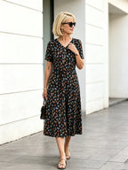 Orange Floral V-Neck Midi Dress, Short Sleeve Elastic Waist Slimming Temperament Long Dress for Mature Women