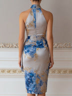 Abstract Print Halter Neck Draped Waist Sheath Dress