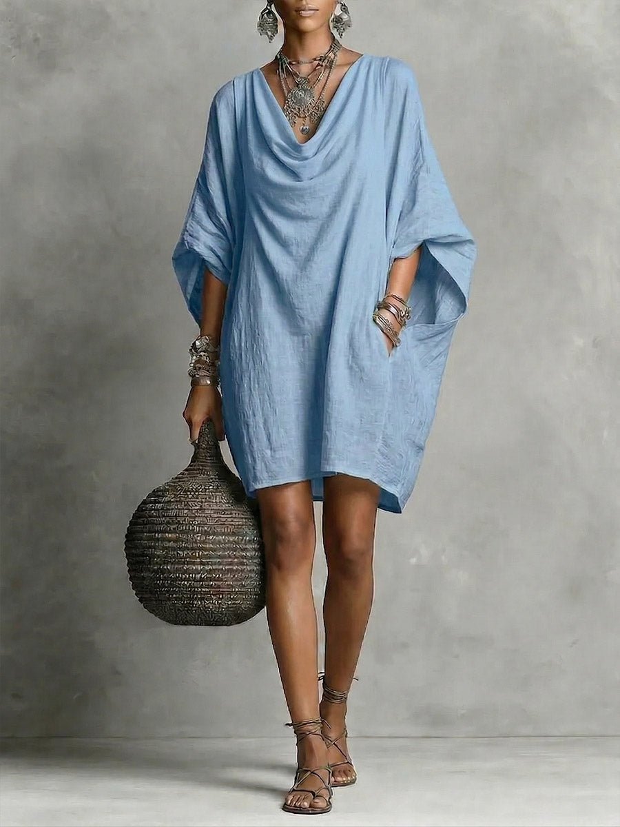 Women's Solid-color Cowl-neck 3/4-sleeve Casual Loose Cotton-linen Dress