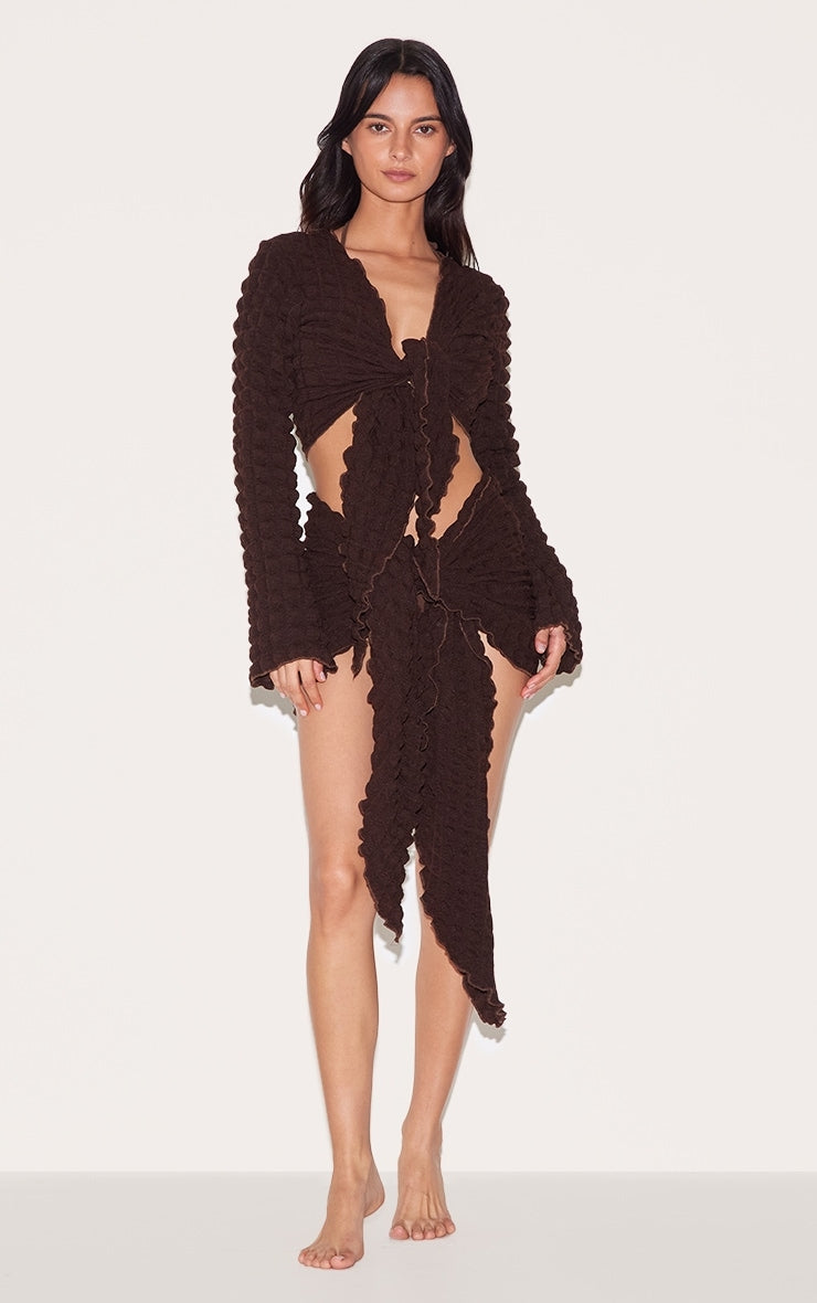 Chocolate Bubble Texture Tie Front Top And Sarong Beach Set