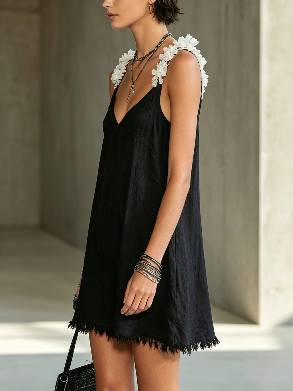 Black V-Neck Mini Dress With Floral Shoulder Straps