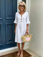 Cotton and Linen V-neck Large Button Lotus Leaf Sleeve Design Dress